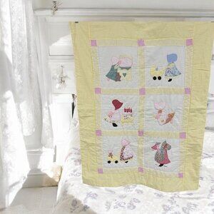 Yellow Gingham Checked‎ Patchwork  Sunbonnet Sue Quilt Crib Blanket